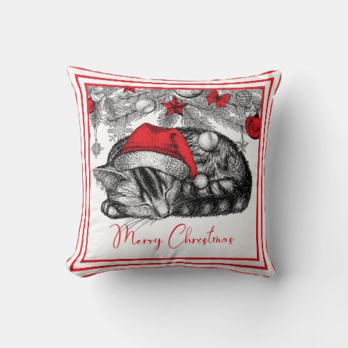 Sketch of Kitten Under Christmas Tree Ornaments Throw Pillow