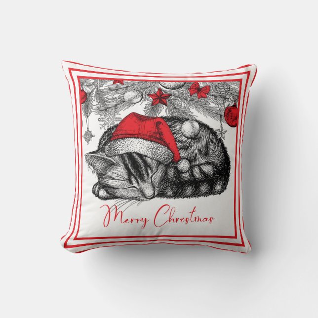 Sketch of Kitten Under Christmas Tree Ornaments Throw Pillow (Front)