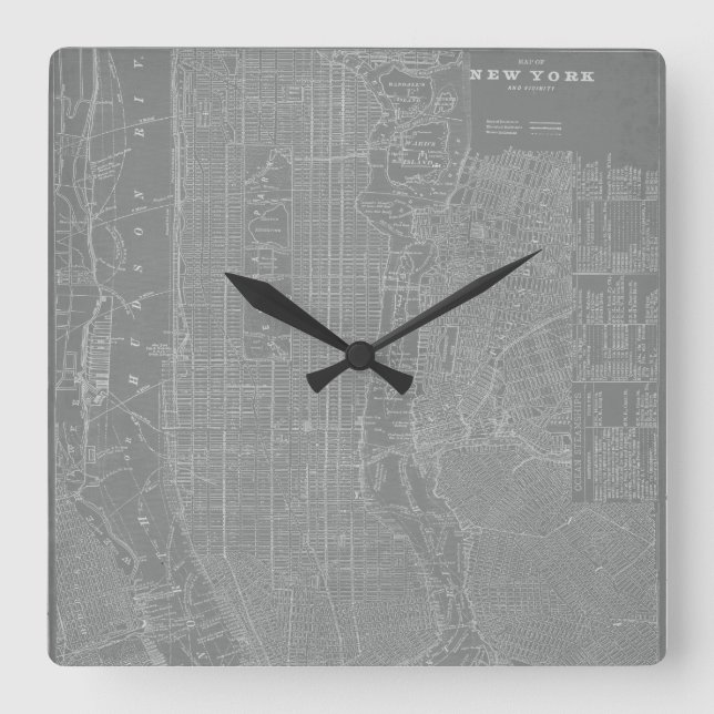 Sketch of New York City Map Square Wall Clock (Front)