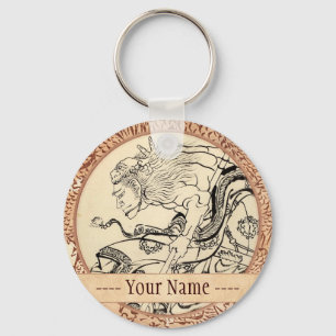 Sketch of Samurai Warrior with lion mask Hokusai Keychain