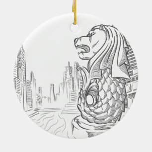Sketch of Singapore Tourism Landmark - Merlion Ceramic Ornament