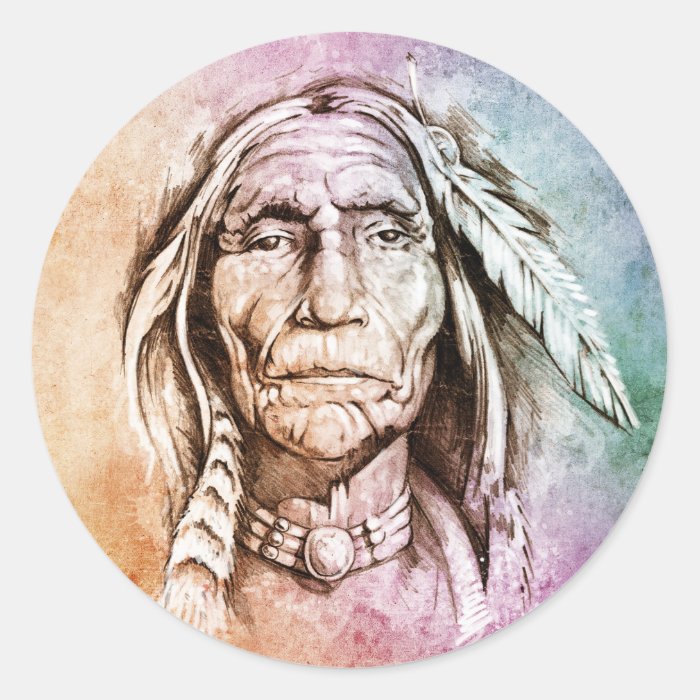 Sketch of tattoo art, portrait of American Indian Stickers