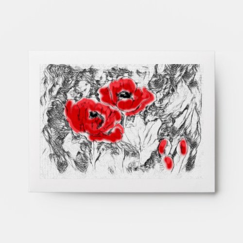 Sketch pencil hand drawn red poppy flowers beautif envelope