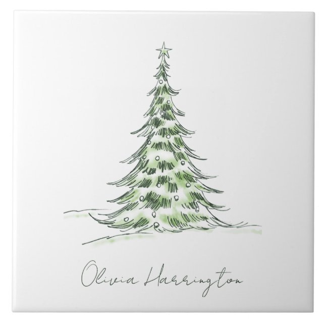 Sketch Pine Christmas Tree Minimal Script Name Ceramic Tile (Front)