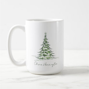 Sketch Pine Christmas Tree Minimal Script Name Coffee Mug