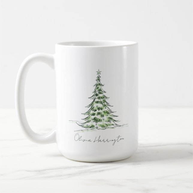 Sketch Pine Christmas Tree Minimal Script Name Coffee Mug (Left)