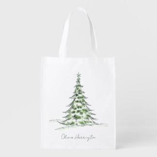 Sketch Pine Christmas Tree Minimal Script Name Grocery Bag