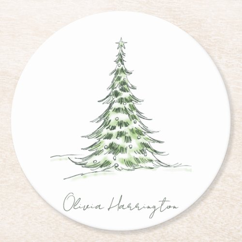 Sketch Pine Christmas Tree Minimal Script Name Round Paper Coaster