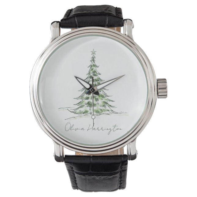 Sketch Pine Christmas Tree Minimal Script Name Watch (Front)