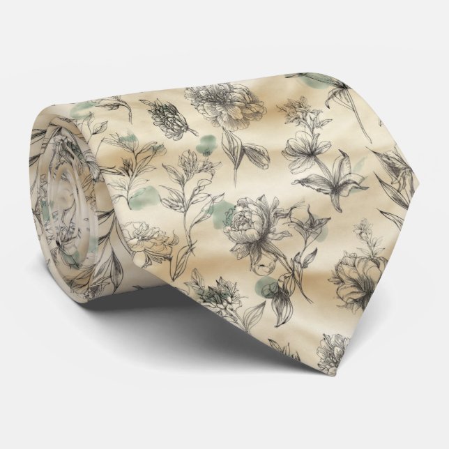 Sketch-Style Hand-Drawn Floral Pattern Neck Tie (Rolled)