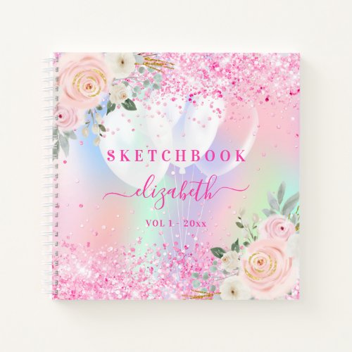 Sketchbok pink florals holographic glitter name notebook
