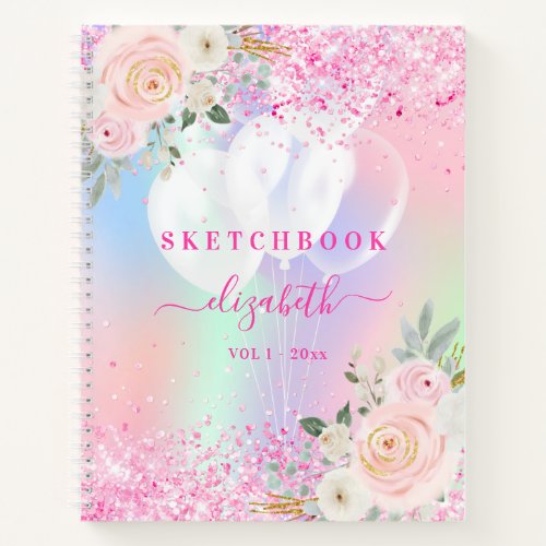 Sketchbok pink holographic glitter florals name notebook