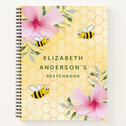 Sketchbook bees yellow honeycomb pink flowers notebook