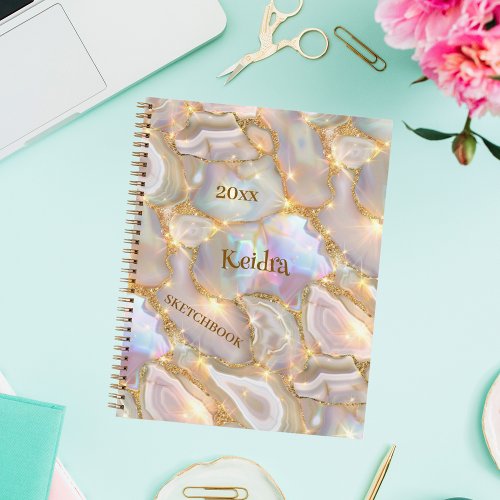 Sketchbook beige gold agate holographic name notebook