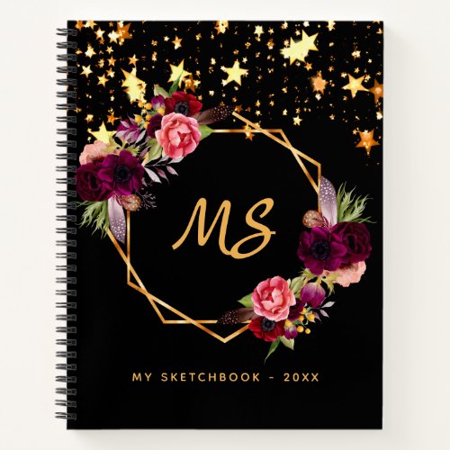 Sketchbook black gold geometric burgundy monogram notebook