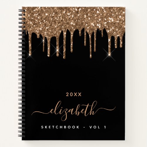 Sketchbook black gold glitter drips monogram name notebook