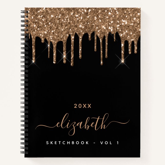 Sketchbook black gold glitter drips monogram name notebook (Front)