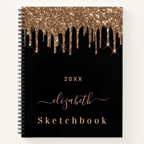 Sketchbook black gold glitter drips  name script notebook