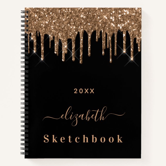 Sketchbook black gold glitter drips  name script notebook (Front)