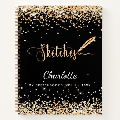 Sketchbook black gold glitter name script notebook