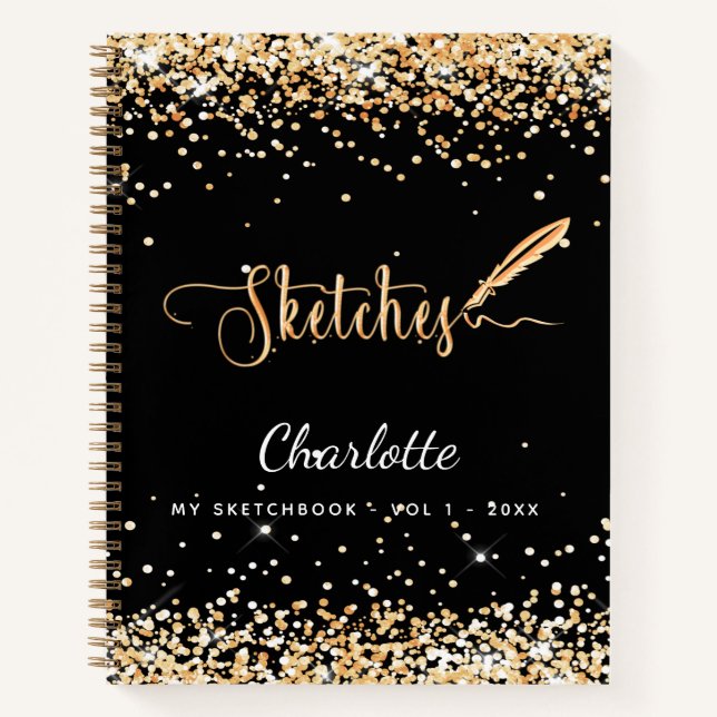 Sketchbook black gold glitter name script notebook (Front)