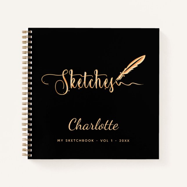 Sketchbook black gold pen elegant script name notebook (Front)