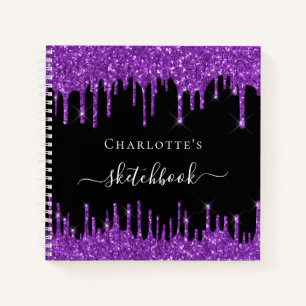 Sketchbook black purple glitter drips name script notebook