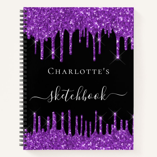 Sketchbook black purple glitter drips name script notebook (Front)
