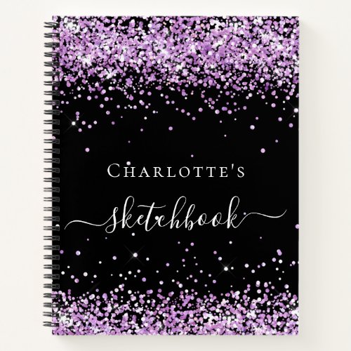 Sketchbook black purple violet glitter name script notebook