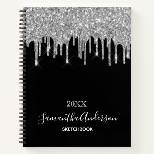 Sketchbook black silver glitter drips name script notebook