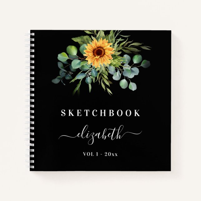 Sketchbook black sunflower eucalyptus greenery notebook (Front)