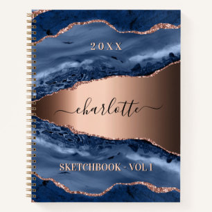 Sketchbook blue agate marble rose gold name notebook