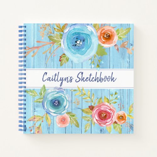 Sketchbook blue wood watercolor floral script name notebook