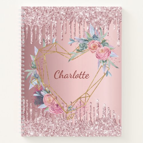 Sketchbook blush pink floral glitter monogram notebook