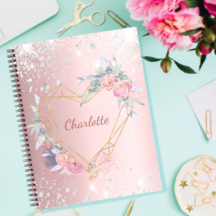 Sketchbook blush pink floral silver glitter notebook Zazzle