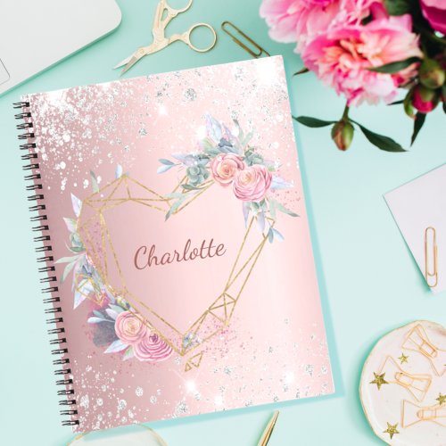 Sketchbook blush pink floral silver glitter notebook