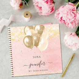 Sketchbook blush pink gold name sparkles balloons notebook