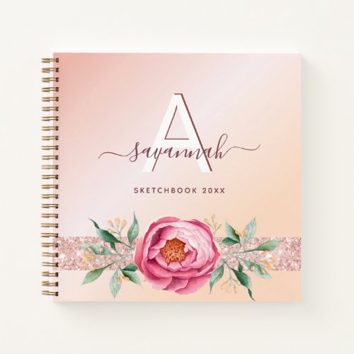 Sketchbook blush rose gold floral monogram notebook