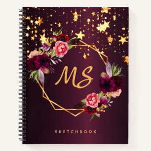 Sketchbook burgundy florals gold stars monogram notebook