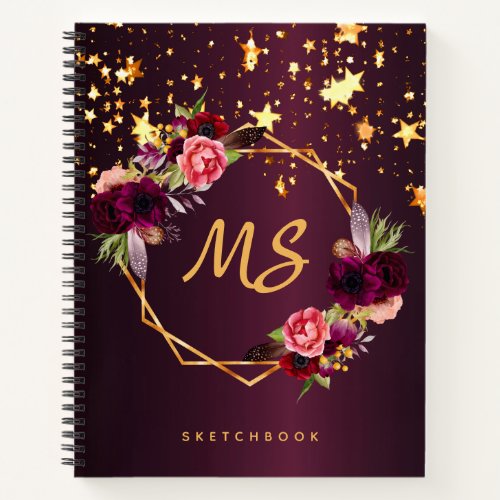 Sketchbook burgundy florals gold stars monogram notebook