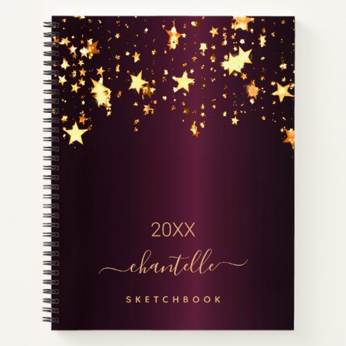 Sketchbook burgundy gold stars monogram name notebook