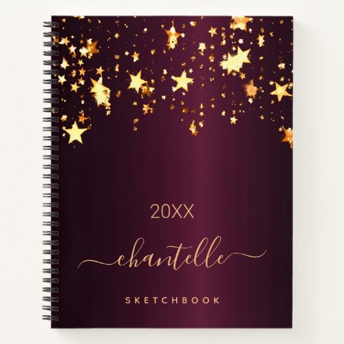 Sketchbook burgundy gold stars name notebook