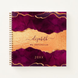 Sketchbook burgundy purple agate marble rose gold notebook