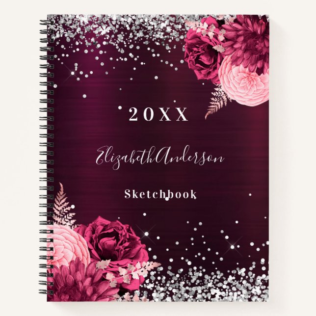 Sketchbook burgundy silver florals  notebook (Front)