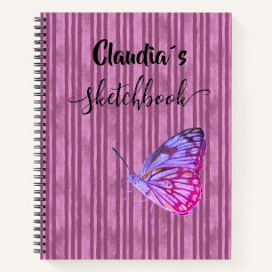 Sketchbook butterfly on pink stripes add name notebook