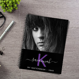 Sketchbook custom photo black purple monogram notebook