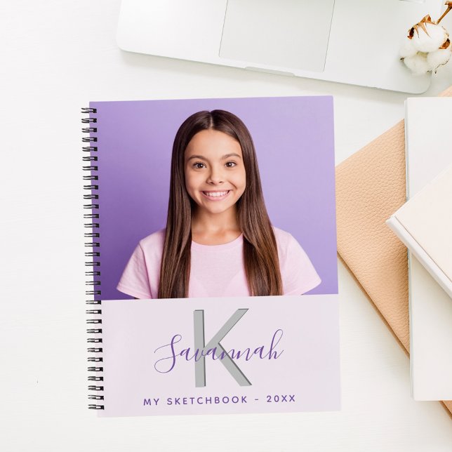 Sketchbook custom photo lavender monogram notebook (Creator Uploaded)