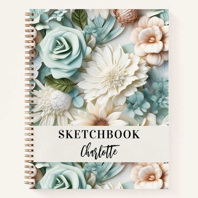 Sketchbook flowers dusty green cream name script notebook (Front)