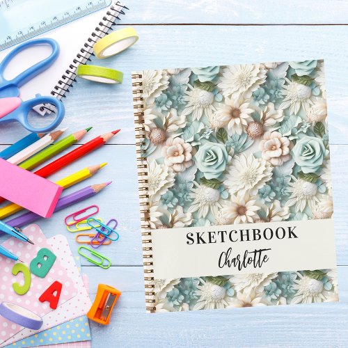 Sketchbook flowers dusty green cream name script notebook
