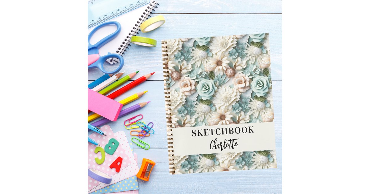 Sketchbook flowers dusty green cream name script notebook | Zazzle
